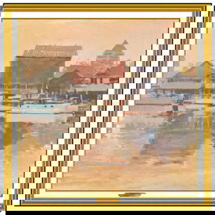 Ken Howard Nautical Boats Landscape Oil Painting On Canvas Signed Framed Art: This lot includes:Gallery COA & free domestic shipping (*insurance and international shipping for an additional charge)Artist: Ken HowardTitle: Boats Along The Quay Medium: Oil Painting On CanvasSize: