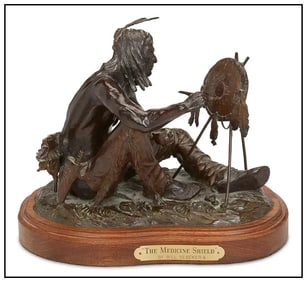 Bill Nebeker Medicine Shield Western Native American Bronze Sculpture Signed