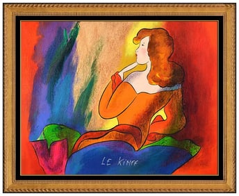 Linda Le Kinff Signed Painting Female Portrait on Board Framed Original Artwork
