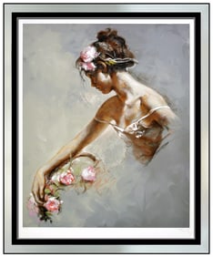 Jose Royo Hand Signed Color Serigraph Female Portrait with Flowers Original Art