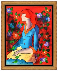 Linda Le Kinff Signed Cubist Painting Female Floral Portrait on Board Original Art
