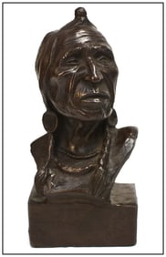 Charles Beil Signed Bronze Portrait Bust Native American Calf Tail Sculpture