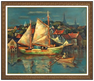 Stephan Chizmarik Signed Oil Painting on Canvas Harbor Landscape Framed Artwork