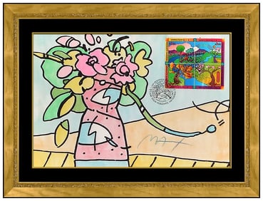 Peter Max Signed Watercolor Painting Flowers with Stamp Framed Pop Art Original