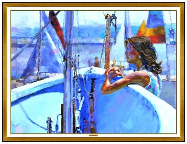 Howard Behrens Signed Oil Painting on Canvas Sailboat and Female Portrait Scene