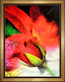 Yankel Ginzburg Signed Flower Painting Mixed Media on Canvas Large Framed Artwork