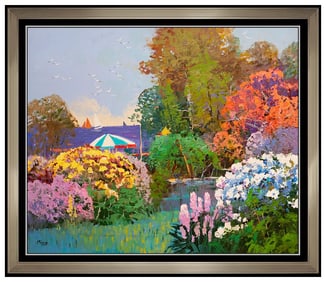 Ming Feng Original Painting Oil On Canvas Signed Beach Landscape Flower Garden