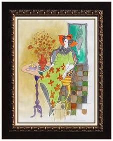 Itzchak Tarkay Watercolor Original Painting Female Lady Portrait Signed Cafe Art