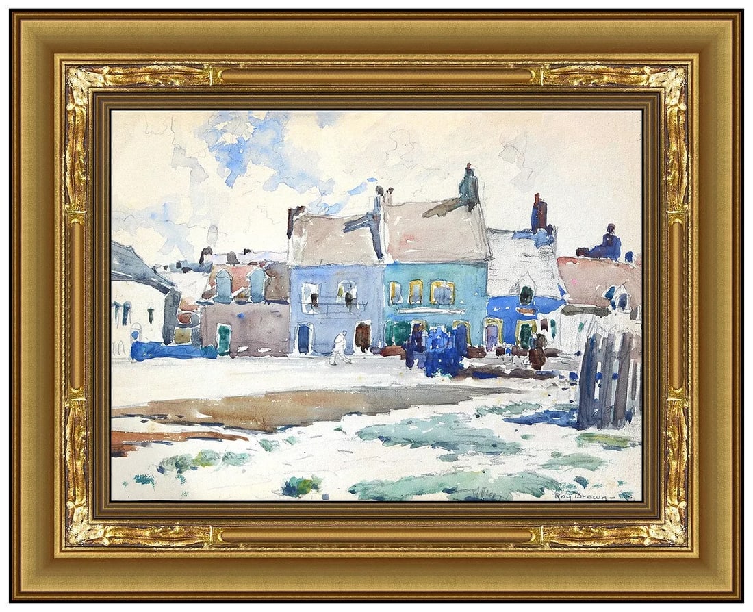Roy Henry Brown Original Signed Watercolor Painting Winter Landscape Framed: This lot includes:Gallery COA & free domestic shipping (*insurance and international shipping for an additional charge)Artist: Roy Henry BrownTitle: Winter in the VillageMedium: Watercolor Painting Si