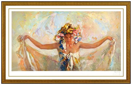 Jose Royo Prima Luce Large Signed Color Serigraph Female Portrait Flower