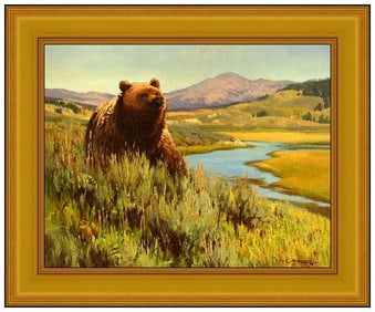 John Potter Original Signed Oil Painting Bear Landscape Board Framed