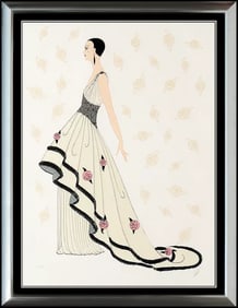 Erte Monaco Rose Gown Signed Embossed Serigraph Large Art Deco Dress Design