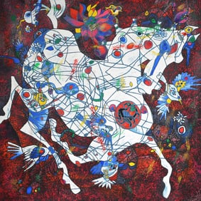 Jiang Tie Feng White Horse Color Serigraph Hand Signed Abstract Expressionist Artwork