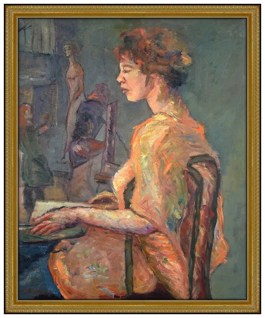 Moses Soyer Original Dancers Oil Painting on Canvas Signed Framed Figurative Art: This lot includes:Gallery COA & free domestic shipping (*insurance and international shipping for an additional charge)Artist: Moses SoyerTitle: Dancers Posing in Artist's StudioMedium: Oil Painting o