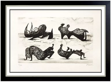 Henry Moore Original Hand-Signed Lithograph Abstract Silhouette Figures Art