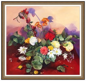 Gail Marcus Orlen Large Original Floral Still Life Oil Painting Signed on Canvas