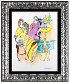 Itzchak Tarkay Original Cafe Women Watercolor Painting Hand-Signed Authentic Art