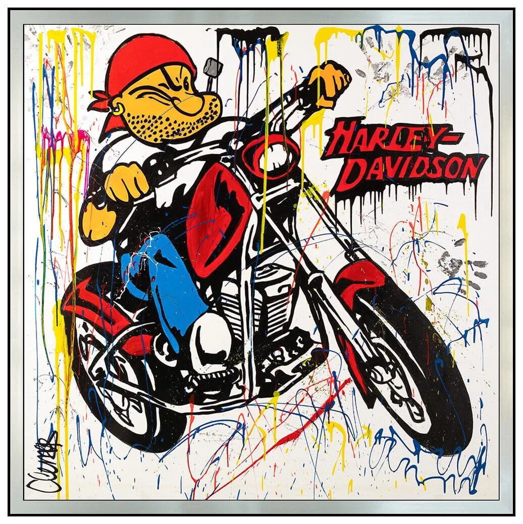 Clem$ Large Original Popeye Harley Davidson Acrylic Painting Signed Pop Art (1 of 6)