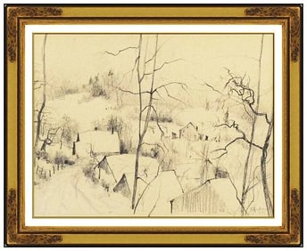 Bernard Gantner Original Winter Landscape Drawing Signed Framed Authentic Art