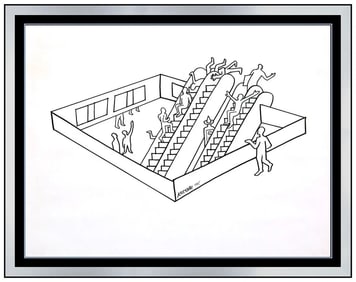 Mark Kostabi Original Faceless Figures Drawing Signed Modern Abstract Pop Art