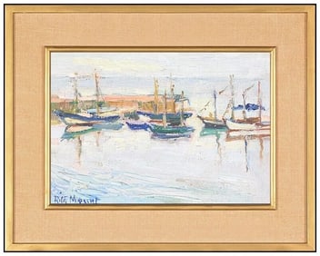 Rita Mount Original Harbor Nautical Oil Painting Signed Framed on Board