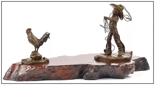 Vel Miller Rare Original Western Child Cowboy Bronze Sculpture Signed Art