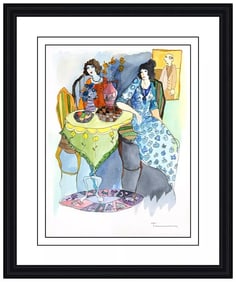 Itzchak Tarkay Original Cafe Female Portrait Watercolor Painting Signed Art