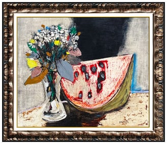 Andre Segovia Original Watermelon Floral Still Life Oil Painting Signed on Board