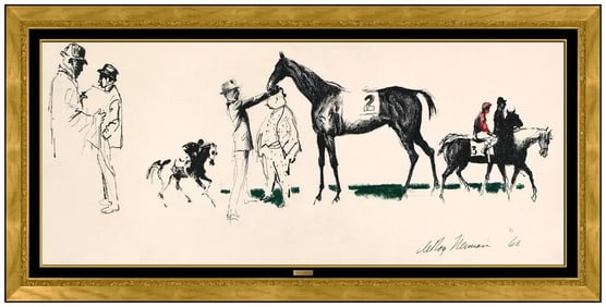Leroy Neiman Original Horses Jockey Racing Ink Drawing Signed Framed Sports