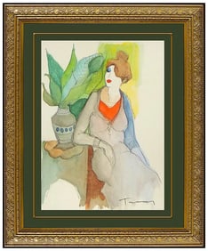 Itzchak Tarkay Original Lady Cafe Female Portrait Watercolor Painting Signed Art