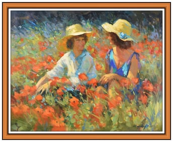 Louis Van Der Beesen Large Original Floral Landscape Painting Signed on Canvas