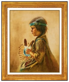 Gregory Perillo Original Native American Child Portrait Oil Painting Signed Canvas