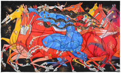 Jiang Tie Feng Blue Lady Original Color Serigraph Signed Abstract Animal Art