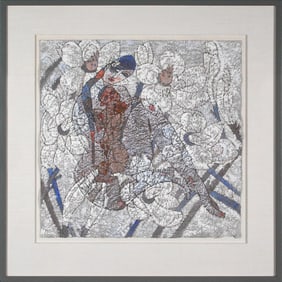 Jiang Tie Feng Mother and Child Original Mixed Media Signed Abstract Female Art