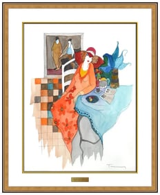 Itzchak Tarkay Original Female Cafe Watercolor Painting Signed Framed Art