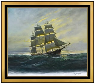 Charles J Lundgren Original Nautical Sailboat Oil Painting Signed Framed Board