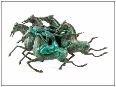 Jiang Tie Feng Emerald Lady Original Bronze Sculpture Signed Large Horses