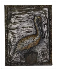 Geoffrey C Smith Pelican Original Wildlife Bronze Relief Sculpture Signed Art
