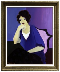 Itzchak Tarkay Large Original Female Portrait Cafe Acrylic Painting Signed Canvas