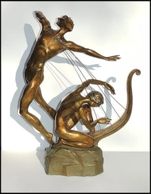 Misha Frid Original Harp Player Bronze Sculpture Signed Authentic Music Art