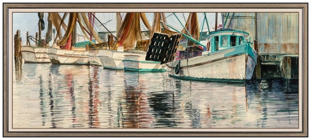Richard Iams Large Original Harbor Seascape Acrylic Painting Signed on Board