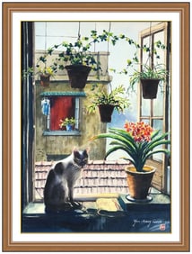 Yan Kang Qian Original Figures City Watercolor Painting Signed Framed Artwork