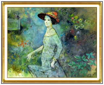Giuseppe Giorgi Original Female Portrait Floral Oil Painting Signed Framed Canvas