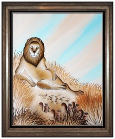 Gustavo Novoa Large Original Lion Animal Oil Painting Signed Framed on Board