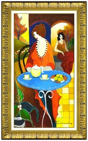 Itzchak Tarkay Original Lady Cafe Mixed Media Painting Signed Framed Canvas
