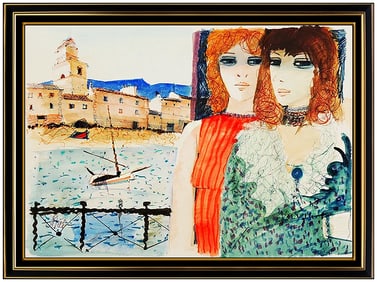 Charles Levier Original Female Portrait Boat Harbor Painting Signed Landscape