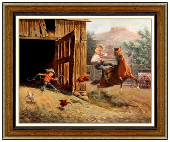Chuck De Haan Original Western Cowboy Horse Oil Painting Signed Framed Board
