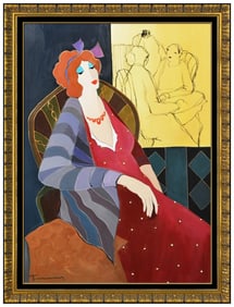 Itzchak Tarkay Large Original Female Portrait Acrylic Painting Signed Canvas