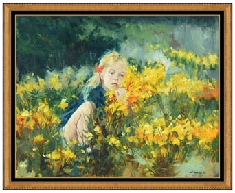 Louis Van Der Beesen Large Original Floral Landscape Painting Signed Canvas