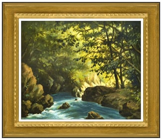 Seitoku Igarashi Original River Landscape Oil Painting Signed Framed on Canvas